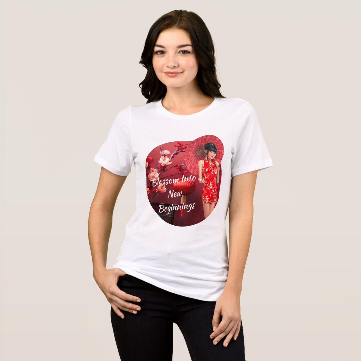 Chinese New Year Girl with a Red Umbrella Tri-Blend Shirt